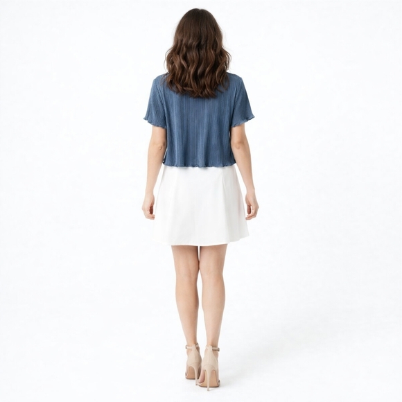 Marc New York S/M Steel Blue Micro Pleated Short Sleeve Subtle Sheen Top - Picture 8 of 12